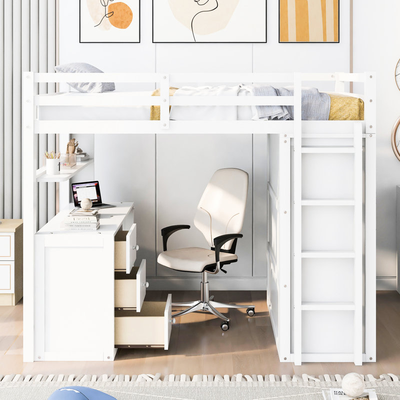 Lit mezzanine double blanc avec tiroirs, bureau et garde-robe - un bureau qui maximise le potentiel du bureau de votre chambre à coucher
