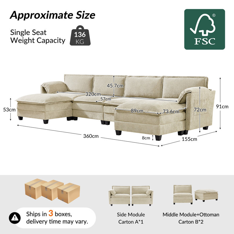 Esteban 187.96cm W Modern 2 Seater Sofa with Elephant Ear-Shaped Armrests, Beige