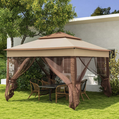 Toit pliant de 3,35 m. Abri de jardin avec moustiquaire zippée. Tente instantanée pour vos activités de jardin. Kaki. Grande structure métallique double. Profitez de l'extérieur avec cette tente amovible pour vos événements. Parfait pour s'amuser.
