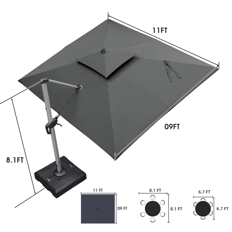 2.75m x3.3m / 2.75m x3.65m Rectangular Cantilever Parasol With Base, 274cm H x 330cm W x 270cm D, Grey