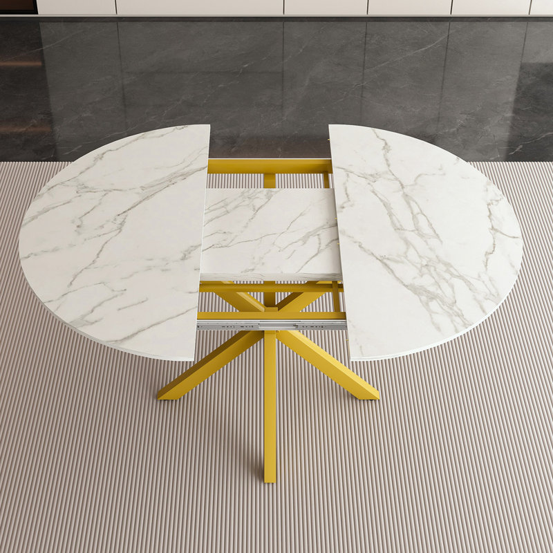 Simple Round Extendable Dining Table with Sturdy X-Shaped Carbon Steel Base for Kitchen & Small Spaces, White/Gold