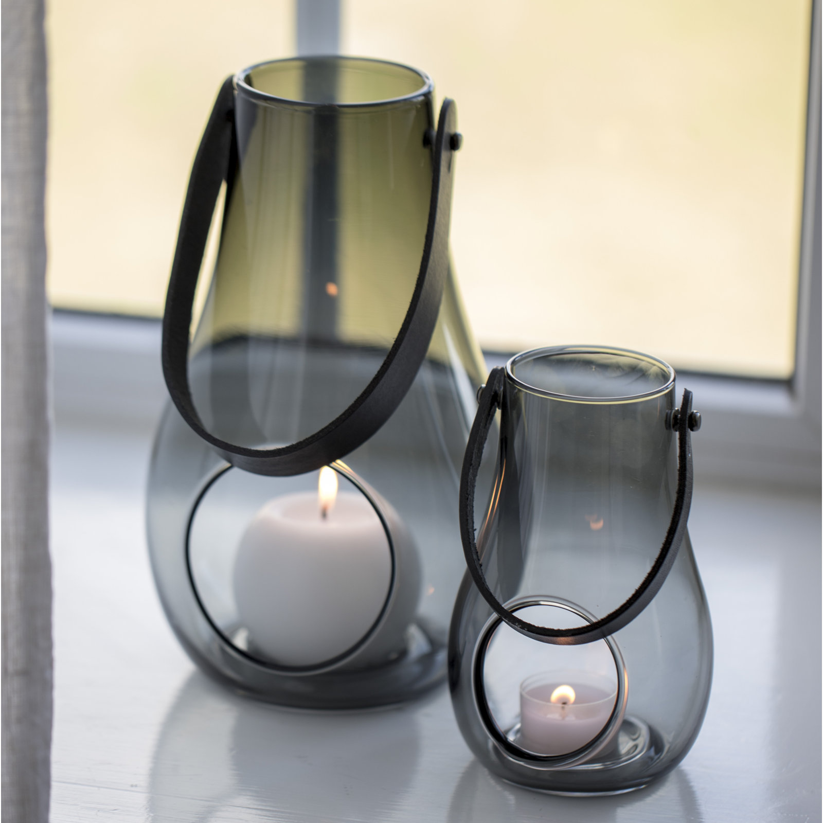 Glass Tabletop Lantern, 9.8" H x 6.1" W x 6.1" D, Gray