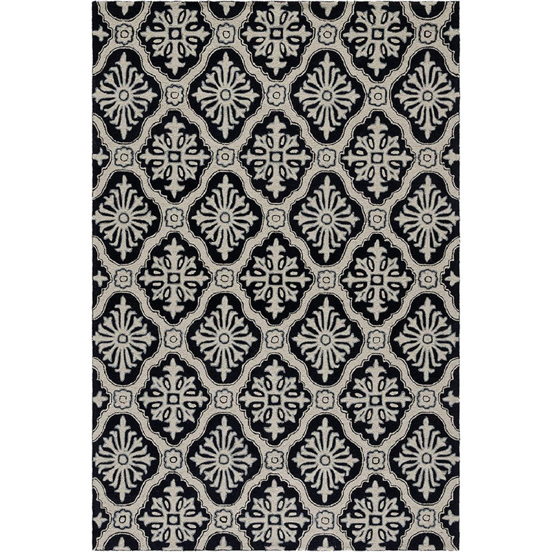 Tapis abstrait en polypropylène noué à la main noir, Rectangle 3 pi x 5 pi