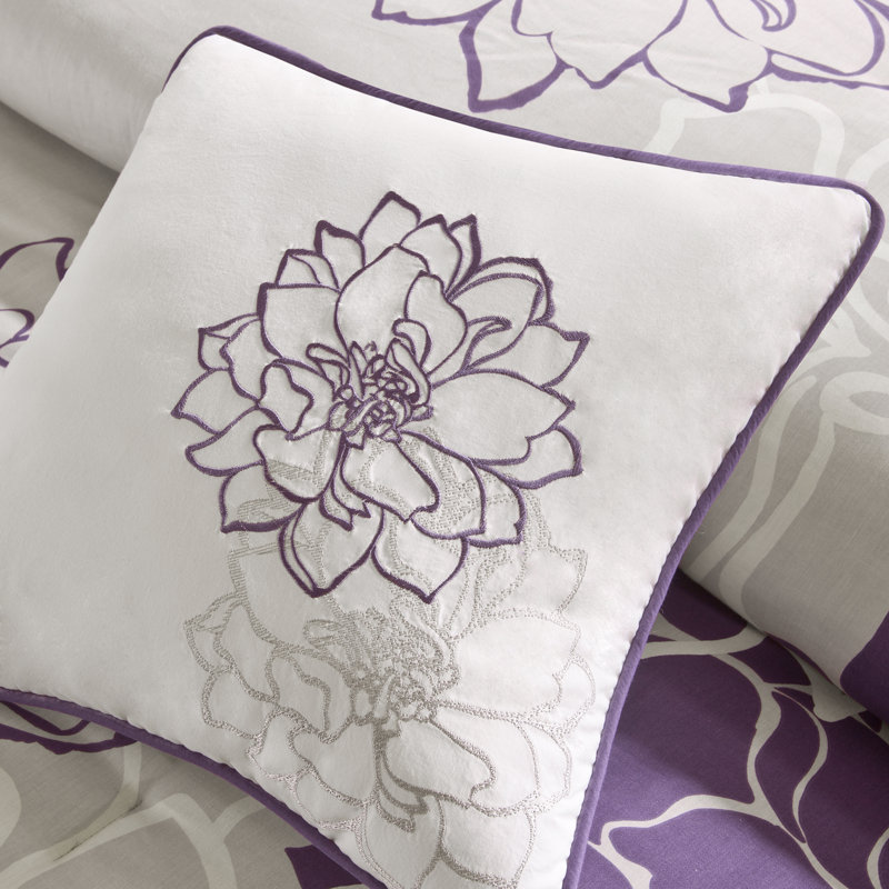 California King Gray and Purple Floral Cotton Comforter Set