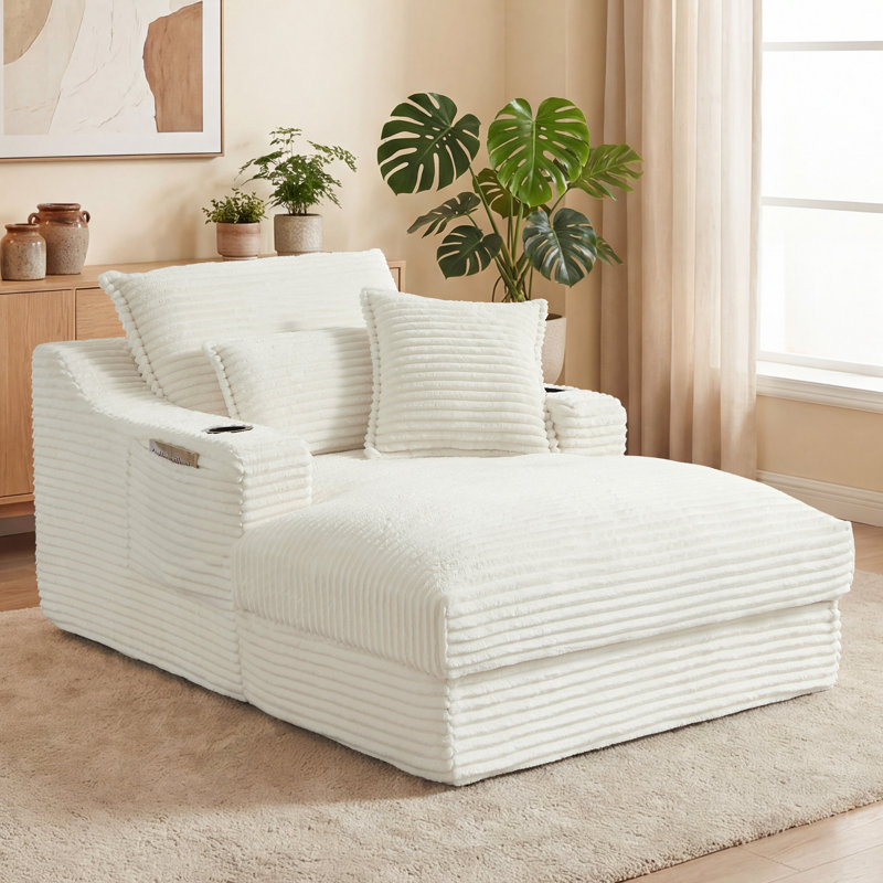 Chaise longue en velours côtelé à compression 47,2 po, siège profond avec porte-gobelet et sac de rangement, aucun assemblage requis
