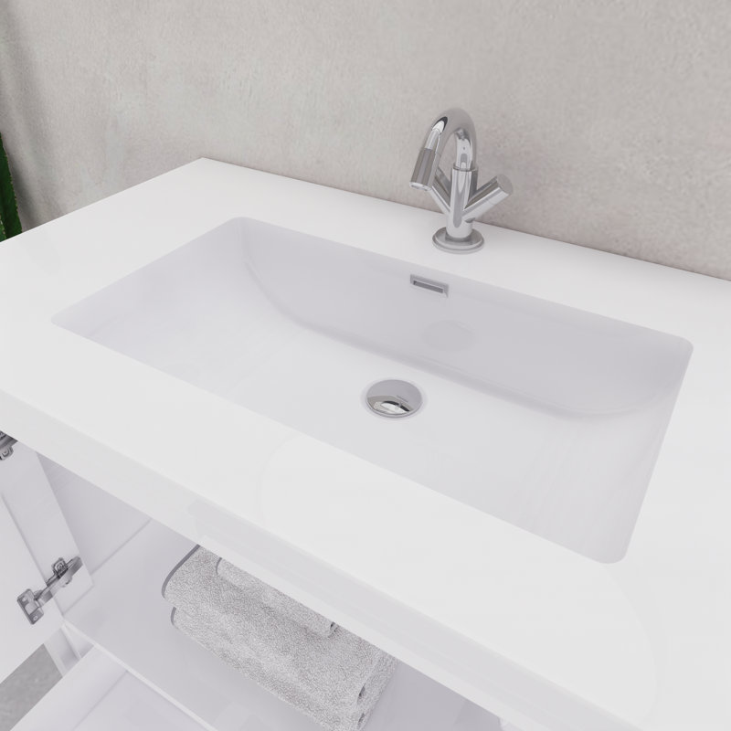 Ensemble de meuble-lavabo simple 35,5 ", Blanc brillant / bleu