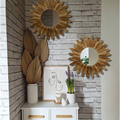 2 Pack 22 inch Bohemian Sunset Wall Mirror Simple Round Wooden Decorative Mirror Bohemian Wall Art Decoration, Suitable for Entrance, Bedroom, Living Room