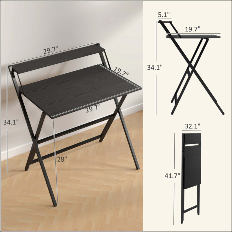 Foldable Desk With Monitor Shelf,Folding Computer Desk, Easy Assembly, 34.1" H x 32.1" W x 24.4" D, Black