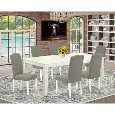 Ensemble de table de salle à manger 7 pièces composé d'une table de cuisine rectangulaire avec feuille papillon et 6 chaises Parson en tissu Shitake foncé, lin blanc