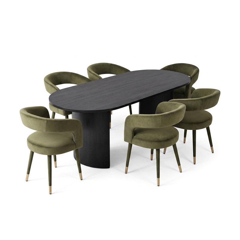 Modern 79" Oval Dining Table Set With 6 Velvet Dining Armchairs, Green