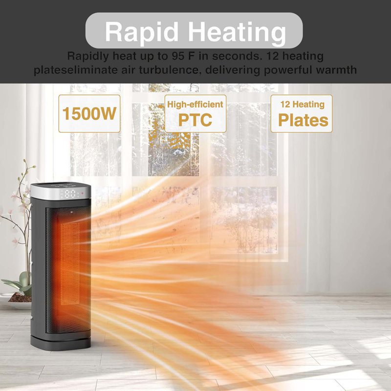 16.4" Electric Space Heater For Indoor Use With Thermostat, Remote, 70° Oscillation, 12H Timer, 5 Heat Modes, 1500W Ceramic