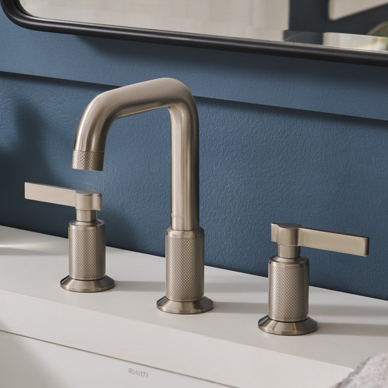 Ruvati Barolo Two Handle Widespread Art Deco Transitional Bathroom Faucet in Brushed Nickel, Silver