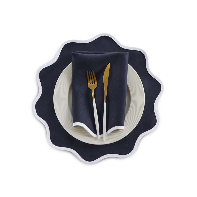 Giselle Scallop Edge - 100% Pure Linen Dinner Napkins, White/Navy, 16" Round