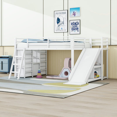 Twin Metal Loft Bed with Shelves and Slide,Drawers