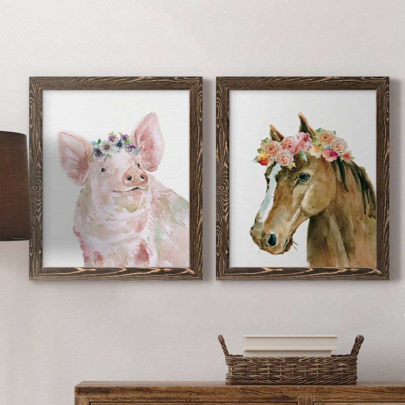 Cochon couronne de fleurs - ensemble de 2 peintures, Toile avec cadre en noyer, Pas de tapis, H 24 po x l 36 po x P 1,5 po