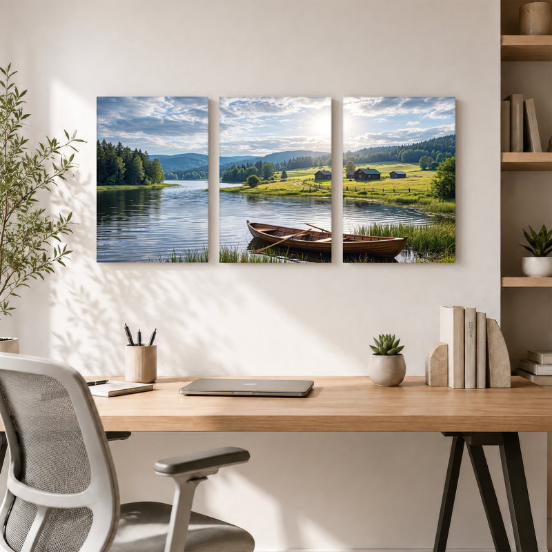 Toile en bois sur le lac avec Rolling Green Hills, ensemble de 3 toiles, H 36 po x l 24 po x 3 pièces