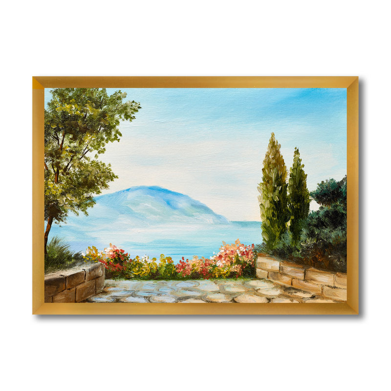 «Mountains View by the Sea Side» - Photographie de cadre photo sur toile, Encadrement doré, H 24 po x l 32 po x P 1 po