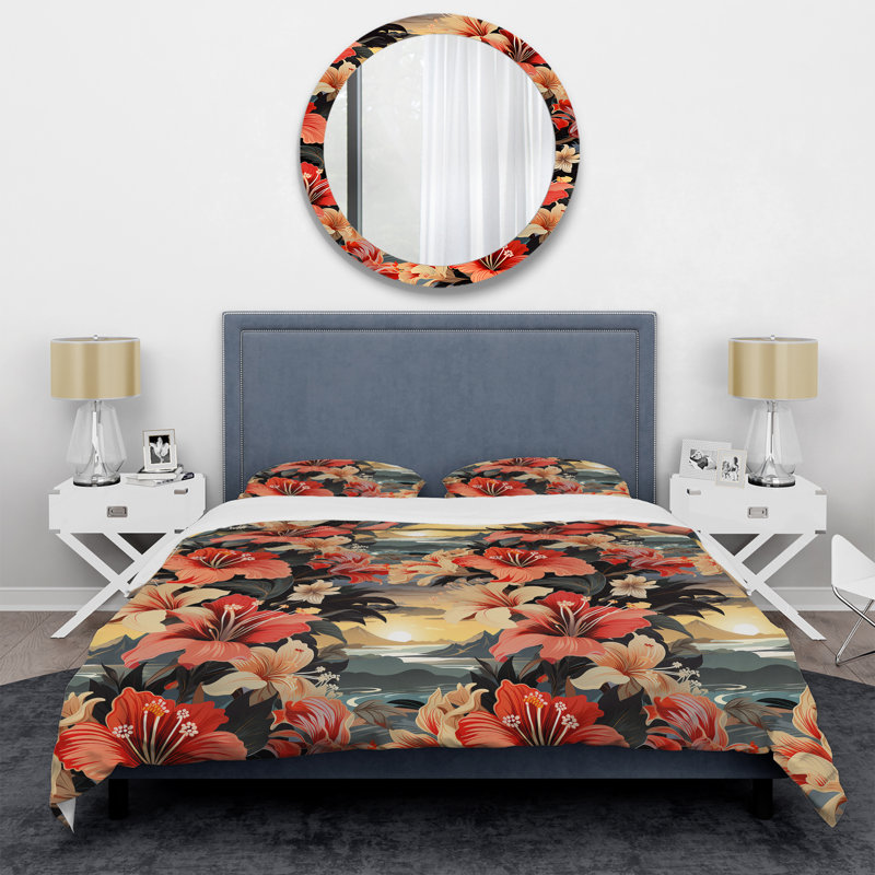 Literie Tropical Sunset Botanical Pattern, Housse de couette pour grand lit et 2 taies décor