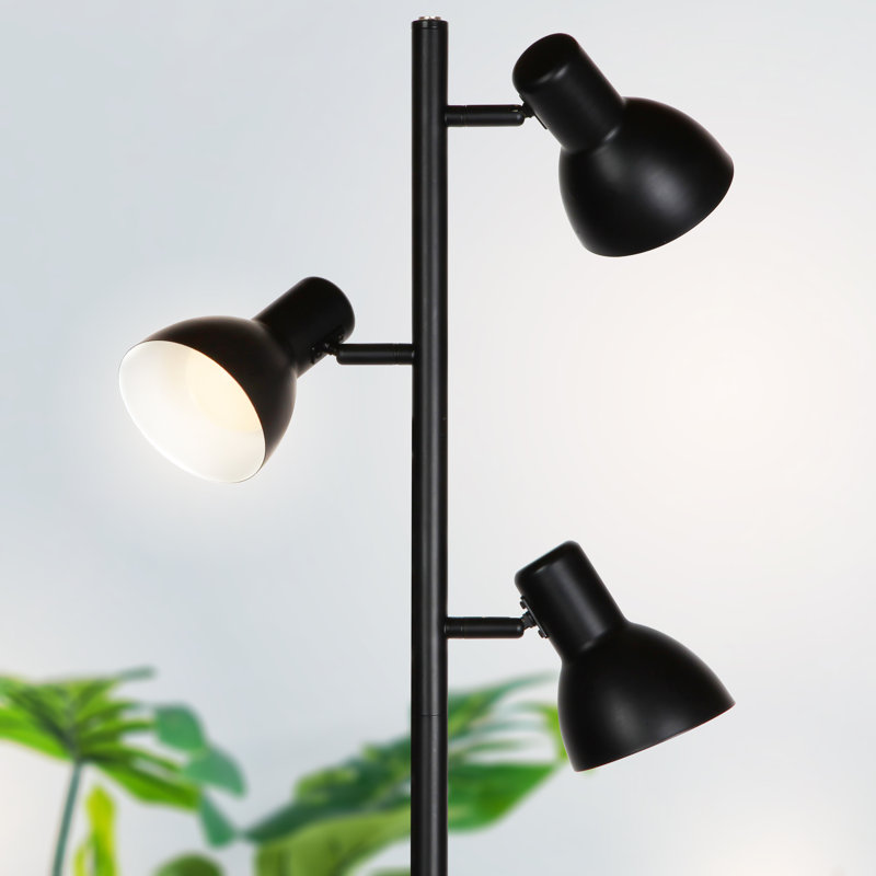 Ethan 65.5 in. Mid-Century Modern 3-Light 3-Way Dimming LED Floor Lamp with 3 Metal Cone Shades, Black