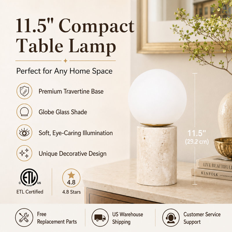 11.5" Modern Travertine Table Lamp with Milky Glass Globe Shade for Bedroom, Living Room and Nightstand Desk