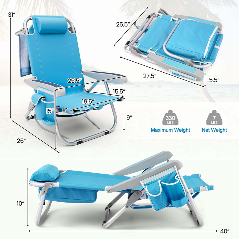 2 Pcs Folding Beach Chair Adult Lightweight Aluminum Camping Chair Withstorage Bag, Blue