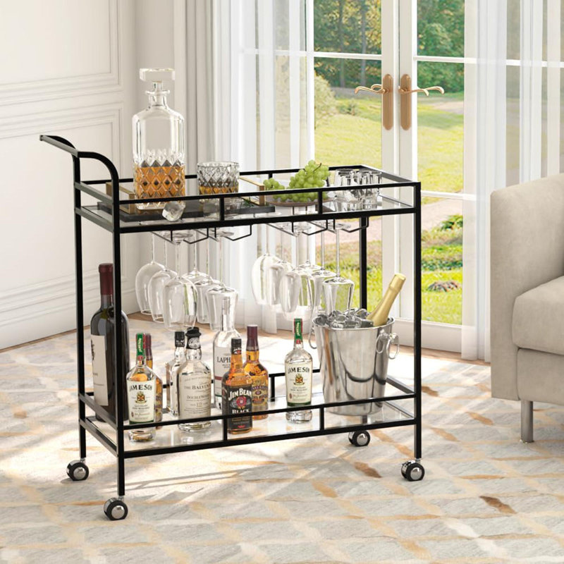 Black 2-Tier Bar Cart For Home, Modern Serving Cart With Wine Rack & Glass Holder, Mobile Kitchen Shelf For Dining Living Room