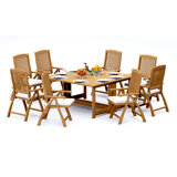 4 Seats 5 Pcs Grade-A Teak Wood Dining Set: 60" Square Rectangle Butterfly Table And 4 Marley Folding Reclining Arm Chairs #11MR1404