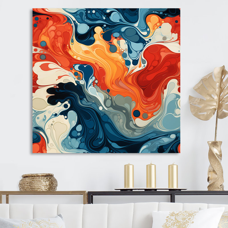 Bleu et orange, liquide, encre de rivière III - encre liquide, art mural abstrait, Toile tendue, H 30 po x l 30 po x P 1,5 po