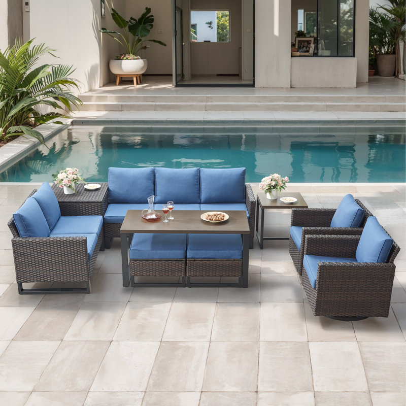Ingvald 7-9 Person All-Weather Wicker Outdoor Conversation Set Seating Group With Swivel Chairs And Coffee Table, Blue