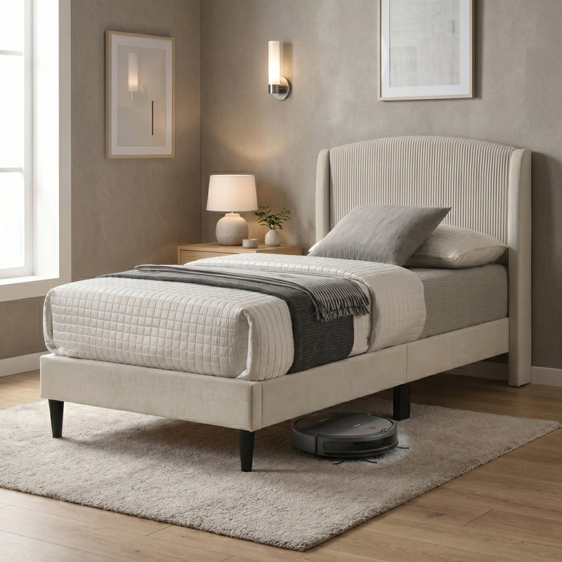 Lit simple tapissier Jolande, Beige, Lit simple