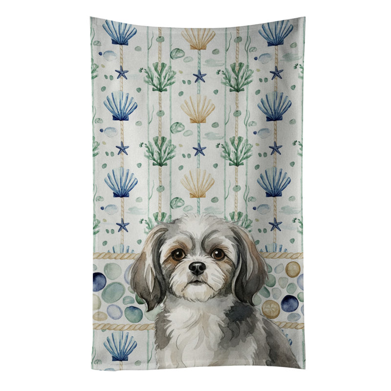 Serviette de cuisine blanche en verre de mer à épagneul tibétain blanc, Grey and White Tibetan Spaniel