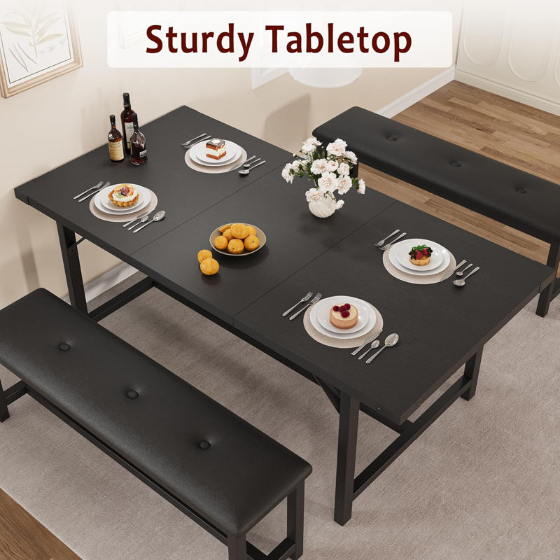 63" Dining Table Set for 4-6, Large Extendable Kitchen Table Set with 2 Upholstered Benches for 6, 3 Piece Rectangle Dining Table Set for 4 for Apartment, Saving Space