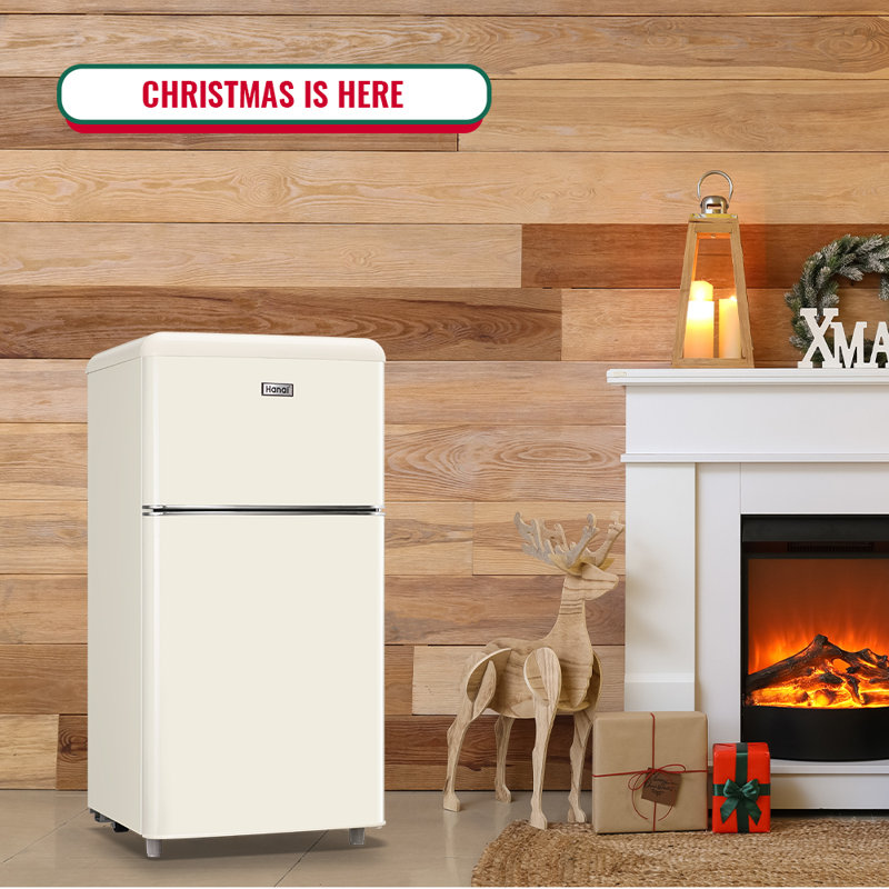 Compact Cream Freestanding Mini Fridge with Glass Shelves