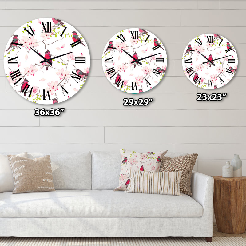 Bouvreuils rouges sur un magnolia - horloge murale traditionnelle, Grand