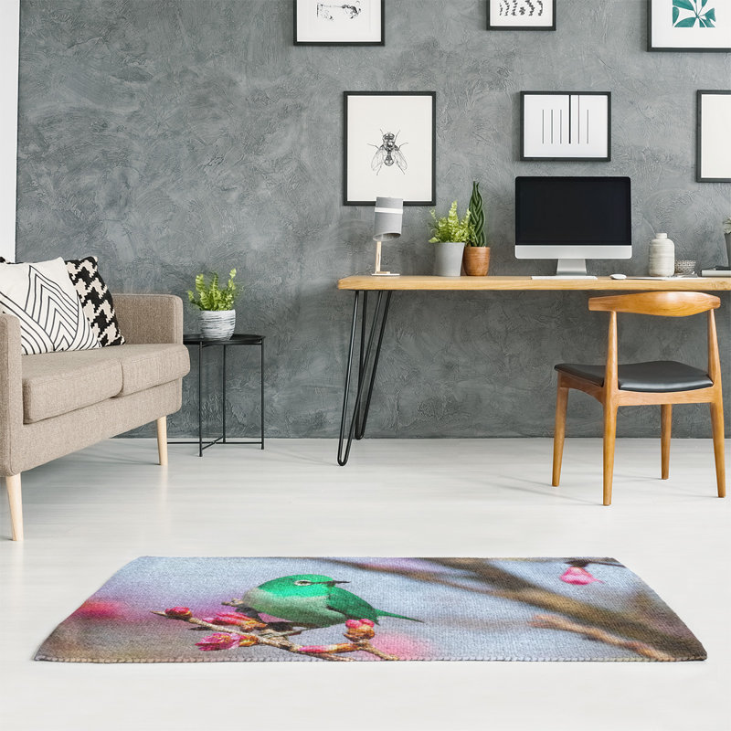 Tapis d’oiseau sur une branche de la zone verte, Rectangle 3 pi x 5 pi