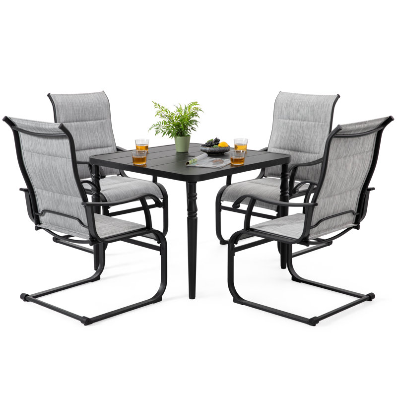 5-piece Patio Outdoor PVC-coated polyester And Metal Dining Set With Umbrella Hole, Light Gray