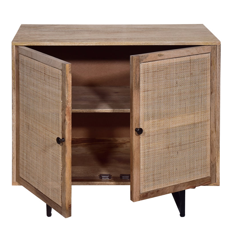 Armoire d'appoint brune de 35 po avec 2 portes en rotin et pieds en fer noir Noland