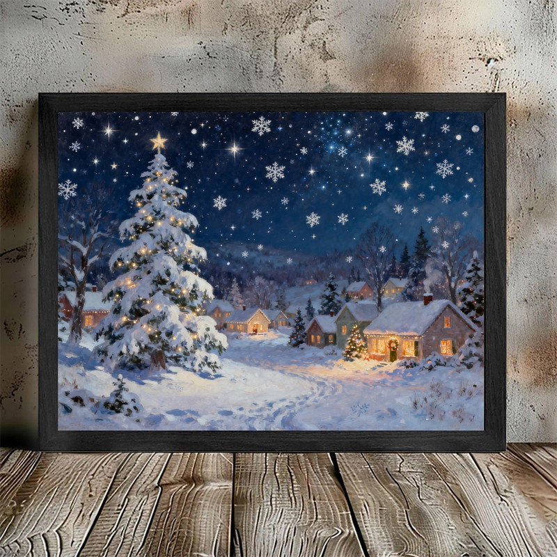 Art mural de village de Noël fantaisiste noir encadré, décor de scène d'hiver enneigé, 37" H x 25" W