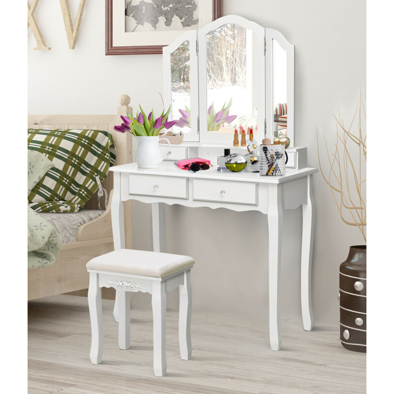 Ensemble coiffeuse avec tabouret et miroir Doursounian, Blanc