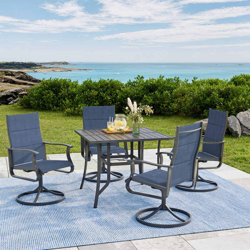 5-Piece Waterproof Patio Dining Set – Outdoor Rectangular Table & 4 Padded Swivel Chairs, Blue