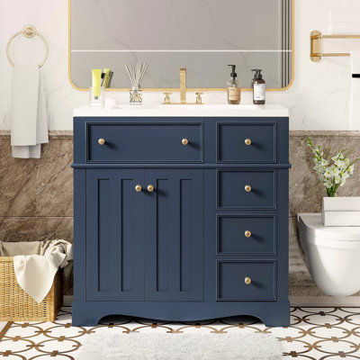 Ensemble de meuble-lavabo 36 po avec lavabo en résine, armoire de rangement en bois massif, ensemble de meuble-lavabo autoportant avec 3 tiroirs et tablette réglable