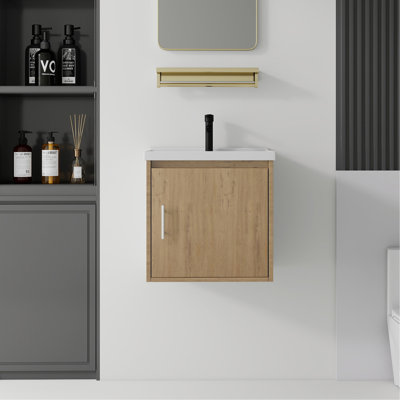 Meuble-lavabo flottant 20 po avec lavabo, porte à fermeture en douceur, évier en céramique, contreplaqué, chêne