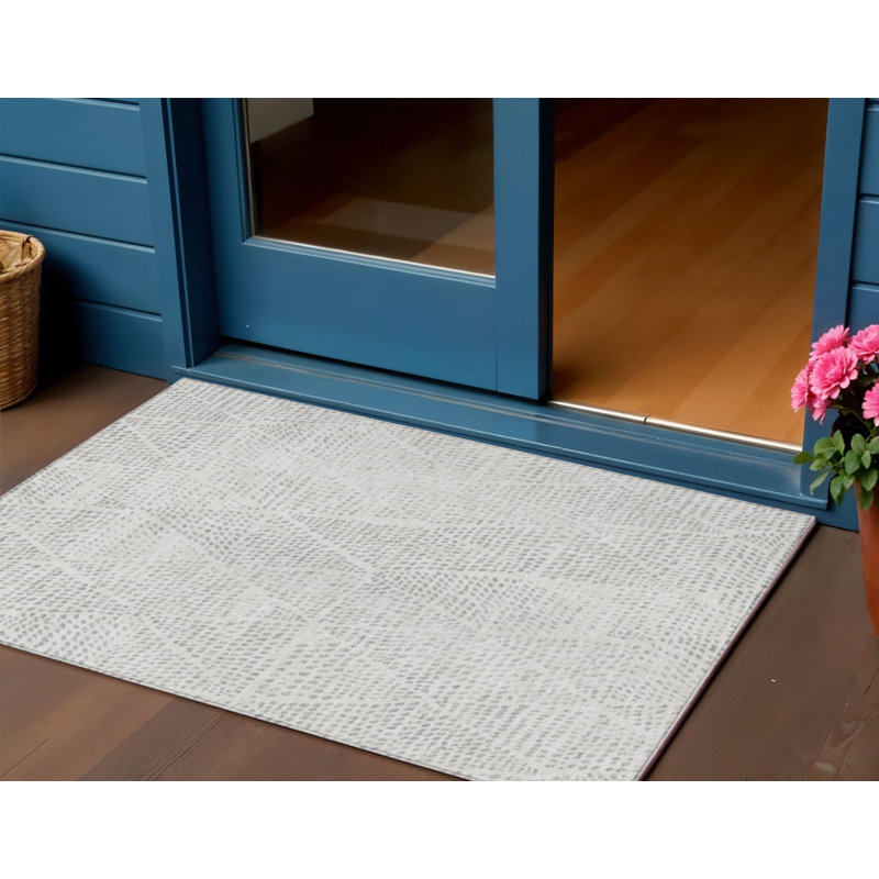Tapis extérieur lavable à motif géométrique argenté et ivoire 3 pi x 5 pi