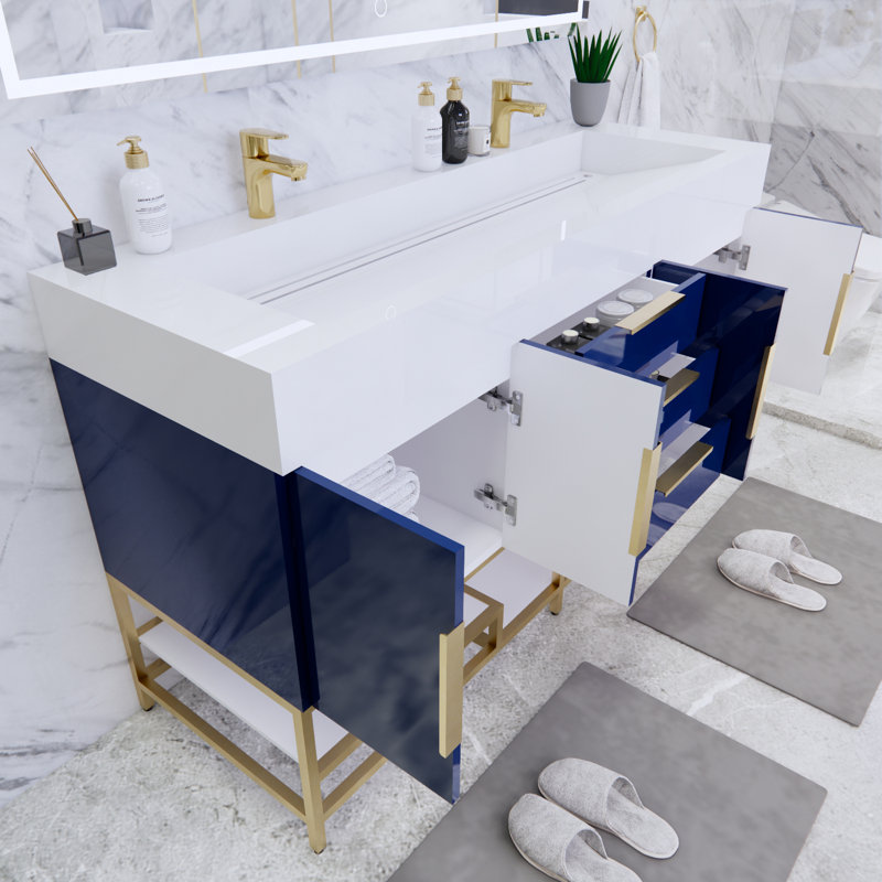 Ensemble de meuble-lavabo double 59 po Glasgow, Bleu nuit ultrabrillant