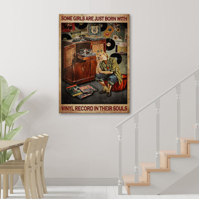 Girl Listening To Music - Some Girls Are Just Born With Vinyl Records In Souls Gallery Wrapped Canvas - Music Illustration Decor, Brown, Green And Red Corridor Decor