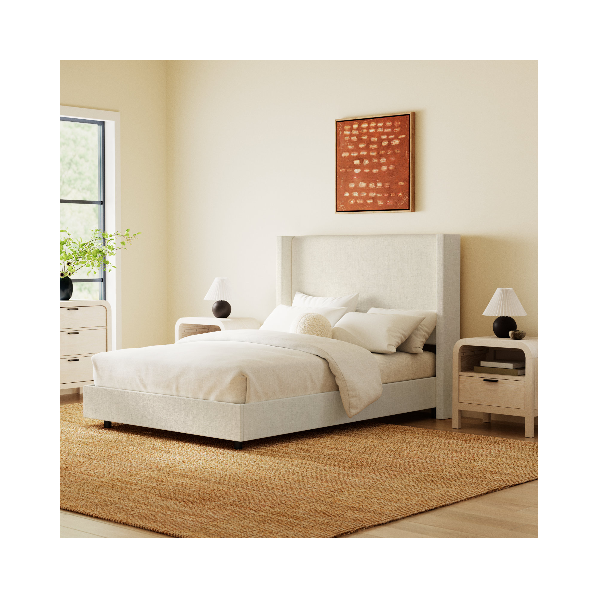 Hanson Upholstered Wingback Bed, Twin, Classic Talc Linen