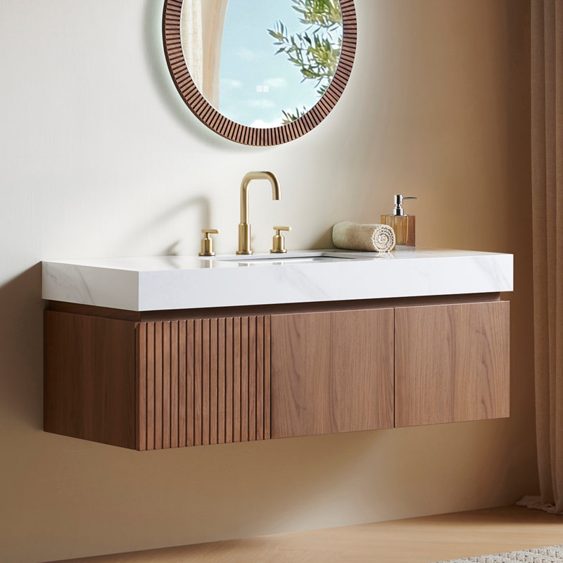 Meuble-lavabo flottant 48 po avec comptoir en pierre frittée Muri, Brown Oak, 48", Blanc de Carrare