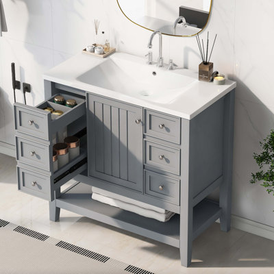 Meuble-lavabo 36 po avec lavabo, une armoire et trois tiroirs, panneau de bois massif et panneau de fibres à densité moyenne