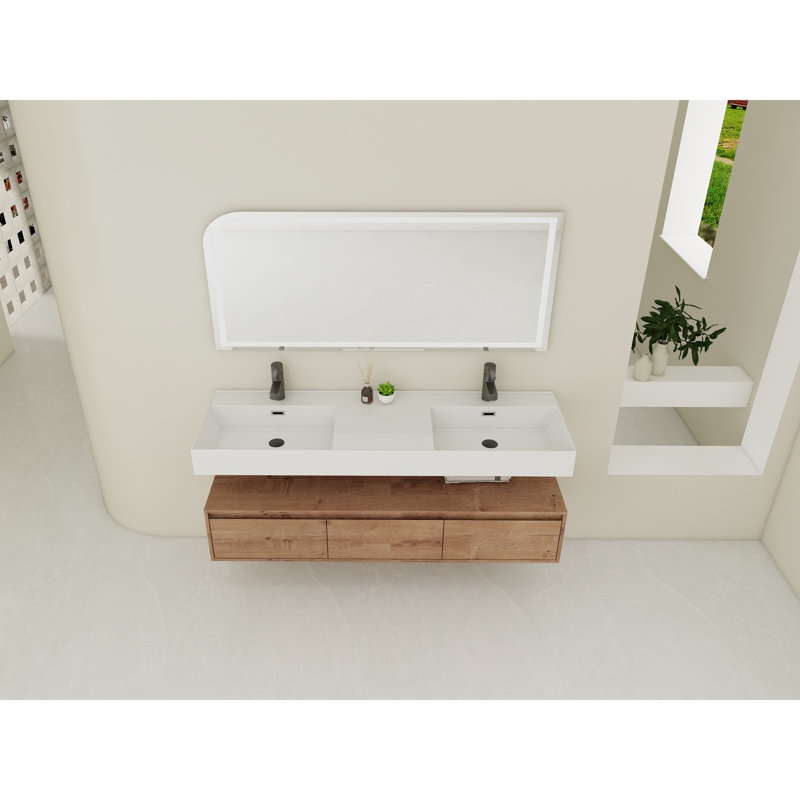 Meuble-lavabo mural de 60 po avec lavabo double en résine, tiroir à fermeture en douceur et fixation flottante, Dark Brown