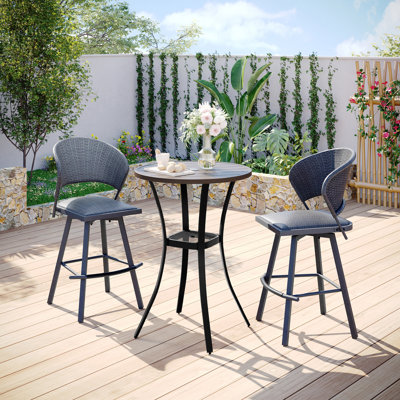 3-Piece Outdoor Bistro Set with Round Bar Table and Wicker Padded Swivel Bar Chairs
